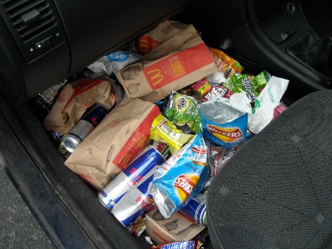 junk food in passenger footwell